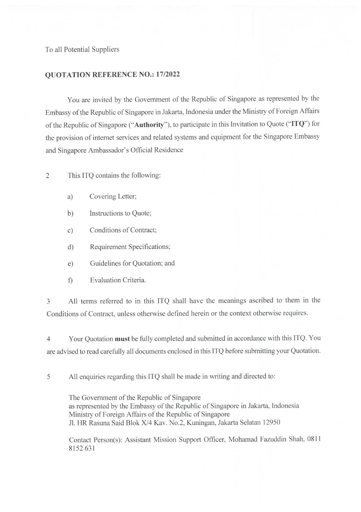 Official document: Invitation to Quote (ITQ) from the Government of Singapore.